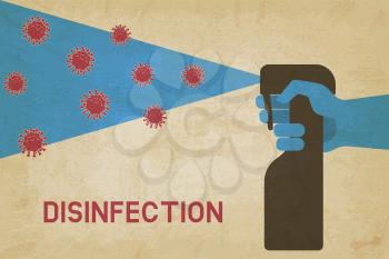 Home Disinfection Concept vintage background. Hand in glove with sprayer against viruses and bacteria. Vector illustration