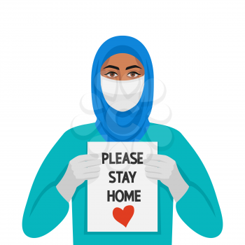 Doctor muslim woman with sign Please stay home. Vector Illustration