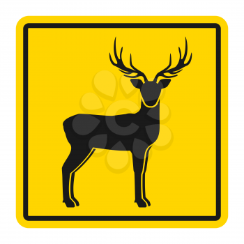 Wild animals yellow road sign. Silhouette of standing deer. Vector illustration