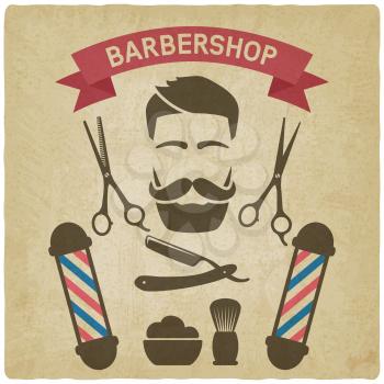 Male face with barbershop tools vintage background. vector illustration - eps 10