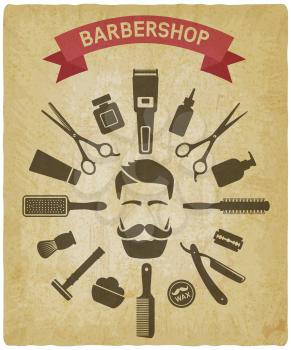 barbershop tools around male face vintage background. vector illustration - eps 10
