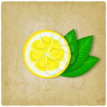 slice of lemon with green leaves vintage background. vector illustration - eps 10