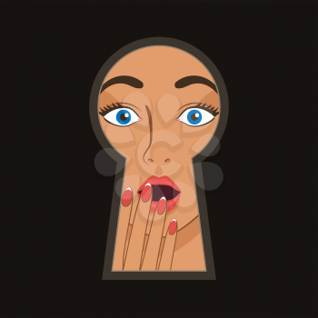 shocked woman peeping through keyhole. vector illustration - eps 10