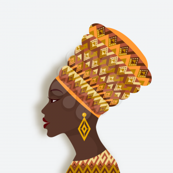 African woman in turban and earrings in profile. vector illustration