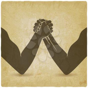 Arm wrestling. Two men hands shaking silhouette vintage background. vector illustration - eps 10
