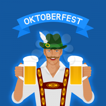 Oktoberfest man in national costume with beer. vector illustration