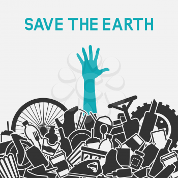 Save the planet concept. Littering planet with human waste. Man drowned in garbage. vector illustration - eps 8