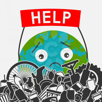 Save the planet concept. Littering planet with human waste. Planet earth asks for help to clear it of garbage. vector illustration - eps 8