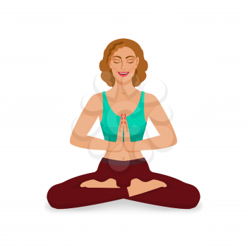 smiling girl with closed eyes meditating in yoga lotus position. vector illustration - eps 10