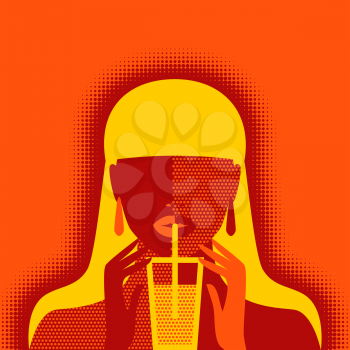 Girl with lemonade on orange background. vector illustration - eps 8