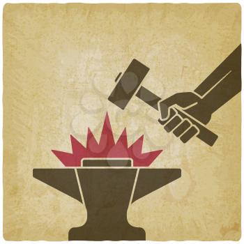 Hand with the hammer above anvil vintage background. vector illustration - eps 10