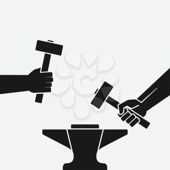 Two hands with hammers above anvil. vector illustration - eps 8
