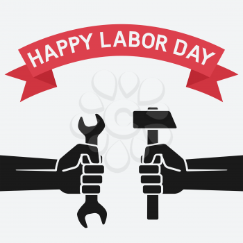 Happy labor day concept. Hands holding hammer and wrench on vintage background. Vector Illustration