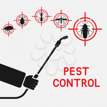 Exterminator with sprayer against cockroaches, mosquitoes, ants, ticks and fleas. vector illustration - eps 10