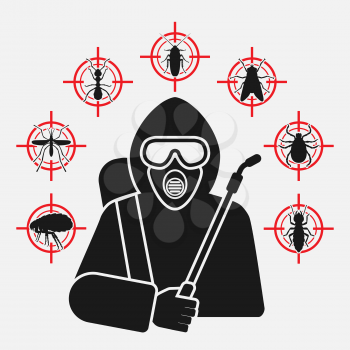 Exterminator with sprayer silhouette surrounded by insect pest icons. Vector illustration
