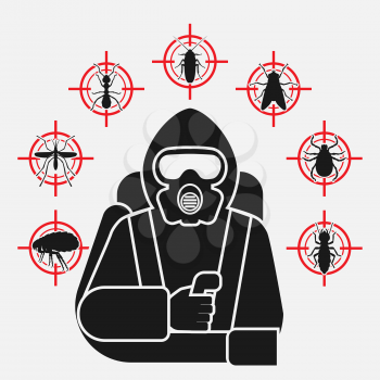 Pest Control Exterminator in protective suit silhouette surrounded by insect pest icons. Vector illustration