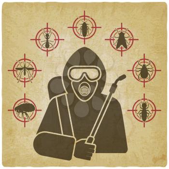 Exterminator with sprayer silhouette surrounded by insect pest icons on vintage background. Vector illustration