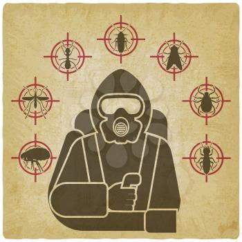 Pest Control Exterminator in protective suit silhouette surrounded by insect pest icons on vintage background. Vector illustration