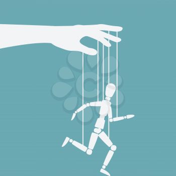 Puppet marionette on ropes is running man. Vector illustration