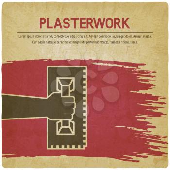Plaster work design. Hand with trowel on vintage background. Vector illustration
