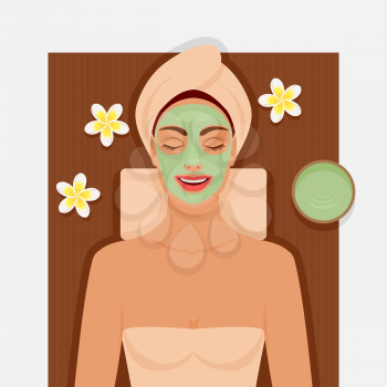 Spa therapy. Girl with green facial mask. Vector illustration