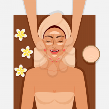 Spa therapy. Girl getting facial massage at spa salon. Vector illustration
