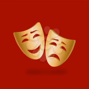 Golden theatrical masks of Comedy and tragedy on a red background. vector illustration - eps 10