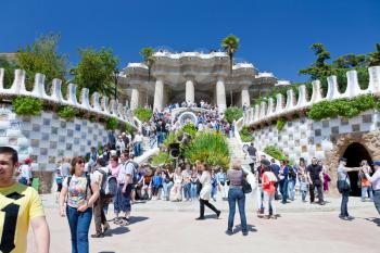 BARCELONA, SPAIN - APRIL,26: entrance in Park Guell on April 26, 2012 in Barcelona. It was designed by the Catalan architect Antoni Gaudi and built in the years 1900 to 1914