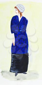 fashion of 20th Century - lady in turban and a dark blue velvet suit 1911 year