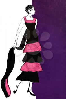 fashion of 20th Century - full dancing frock in pink and black chiffon stripes 20th years