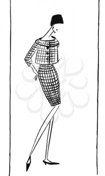 fashion of 20th Century - Female checkered suit - narrow midi skirt and jacket in 50th years
