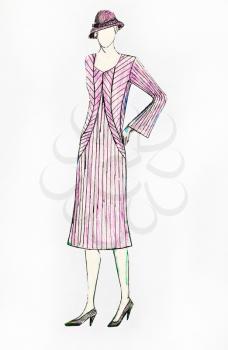 fashion of 20th Century - ladies business suit in pink stripes of 20th years