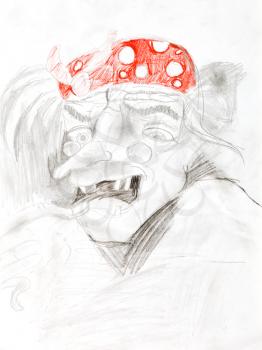 children drawing - portrait of witch - old woman in red hat