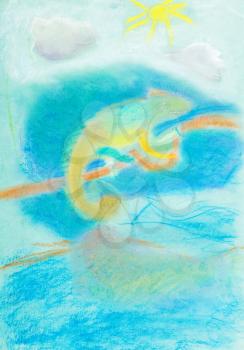 children drawing - multicolored chameleon on twig and blue sky