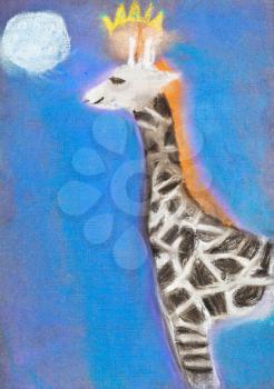 children drawing - giraffe with crown in blue full moon night