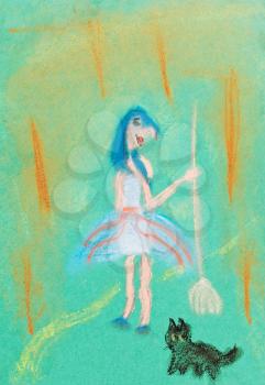 children drawing - young witch with broom and black cat