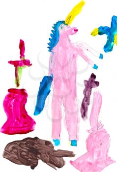children drawing - pink unicorn and blue bird