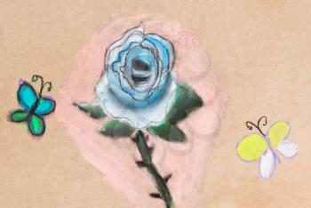 children drawing - blue flower rose and two butterflies