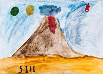 children drawing - people near active volcano in extraterrestrial world