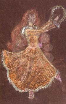 children drawing - girl withh long red hair dancing with tambourine