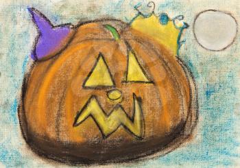 children drawing - yellow carved halloween pumpkin