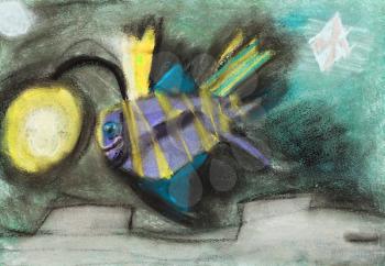 children drawing - fish with flashlight on his head in underwater world