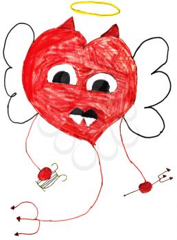 children drawing - stylized flying angel heart