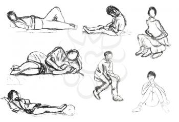 children drawing - sketches of lying and sitting people