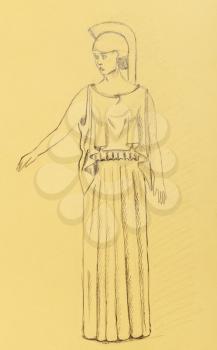 historical costume - woman dressed as an ancient Greek warrior, stylized statue of Athena 5th century BC