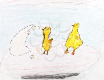 child drawing - yellow chicks hatched from eggs