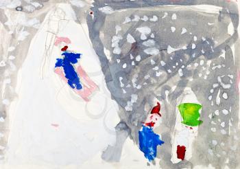 childs painting - winter sledding with snow-covered mountains