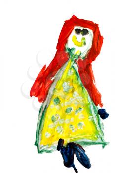 childs drawing - smiling red hair girl in yellow dress