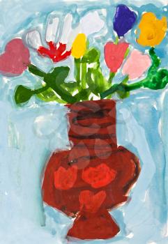 childs painting - ceramic flower vase with flowers