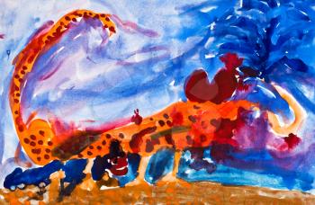 childs painting - big scorpion in desert and blue sky